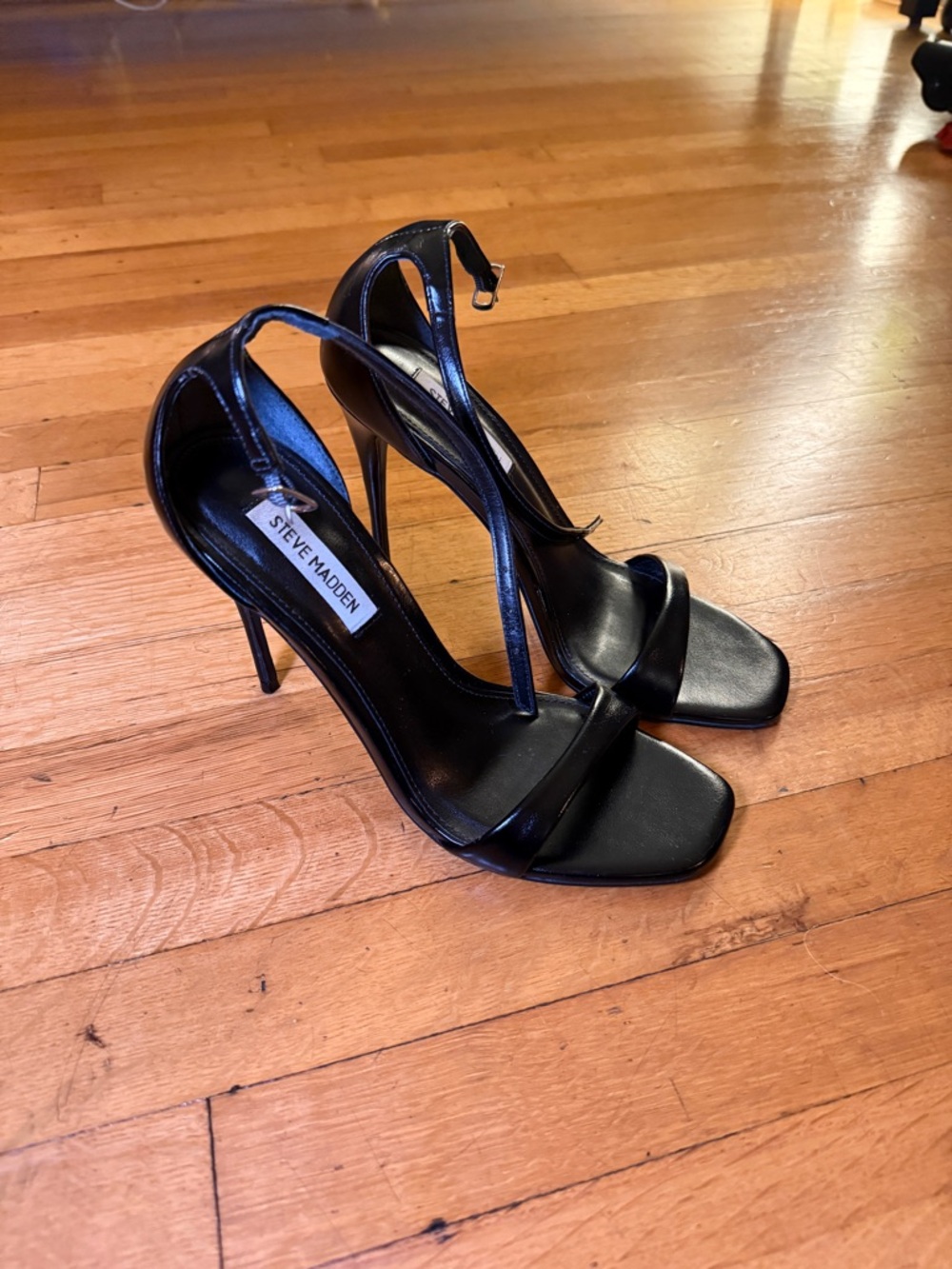 Steve Madden Black Faux Leather Stiletto Sandals with Ankle Strap